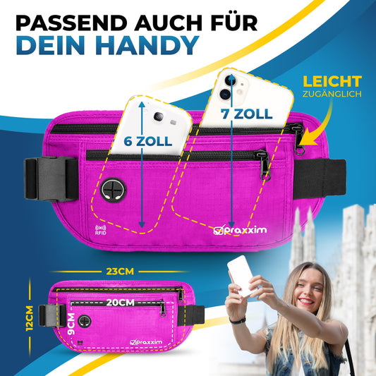 Praxxim The travel fanny pack - THEFT-PROOF with RFID protection - Extra flat fanny pack wearable under clothing - Hip bag - Travel fanny pack - Money belt for women and men - pink