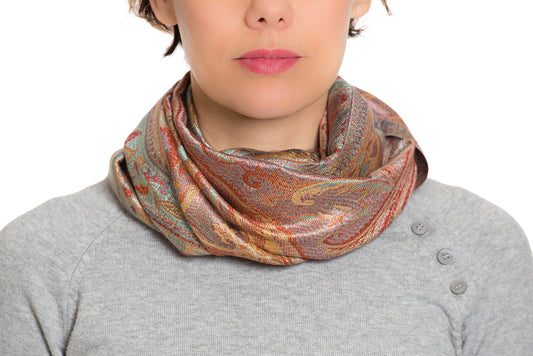 Ufash Pashmina 100% silk scarf from India for women & men, Paisley pattern, 160 x 35 cm - Pure silk scarf, Brown.