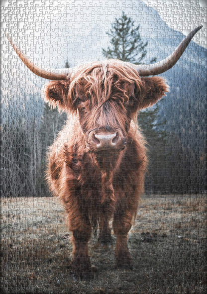 Ulmer Puzzle Forge - Animal Puzzle "Highland" - Classic 1000 piece puzzle - Puzzle motif of a powerful Highland cattle in the cow pasture in front of a frosty Alpine backdrop.