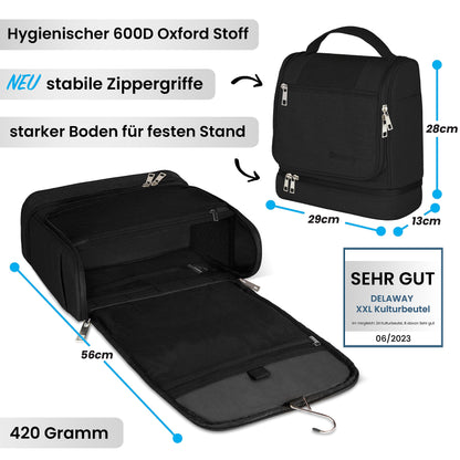 DELAWAY XXL toiletry bag for hanging [Design 2025] Large toiletry bag for women, men with suitcase attachment and separate wet compartment - toiletry bag for men & women (Black New)