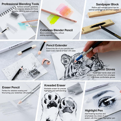 KALOUR 154-piece art supplies set - sketching and drawing set with sketchbook, tutorial book, drawing paper - graphite, colored, charcoal, watercolor, and metallic pencils - drawing tools for artists and.