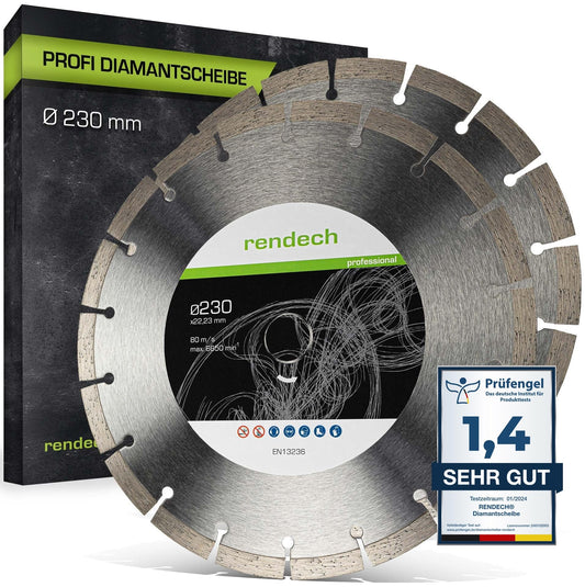 2x Professional Diamond Disc 230mm for stone, concrete, granite, bricks, and more. Diamond cutting disc with high cutting performance | rendech® brand quality.