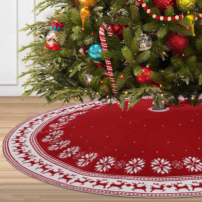 Dreamisland Large Christmas Tree Skirt, 122cm Red Knitted Christmas Tree Skirt Carpet Snowflakes Reindeer Tree Skirt Christmas Tree Skirt Round Tree Stand Mat Home Celebration Christmas Tree Decoration