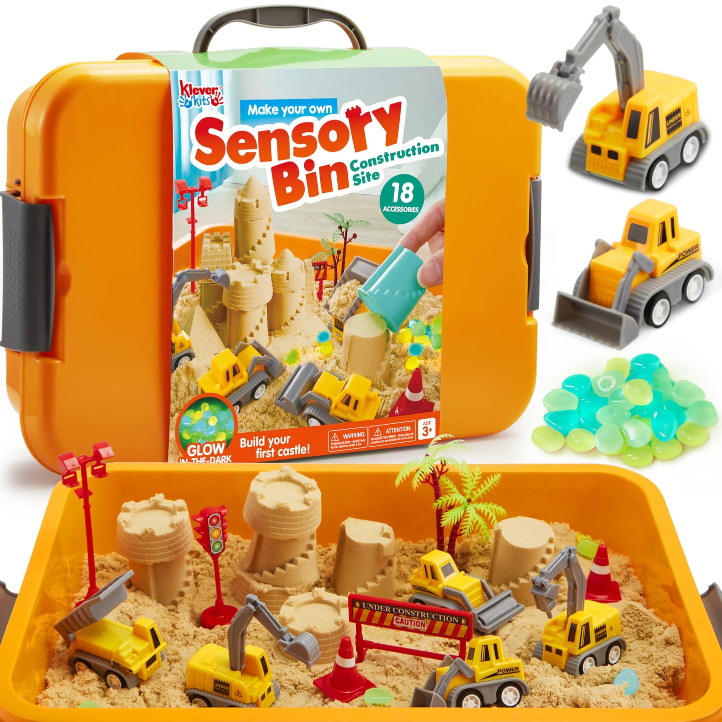 Clever Kits Magic Sand Set, play sand construction site for kids, suitcase with 18 accessories, glowing stones, magic sand toys for boys ages 3-9.