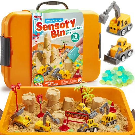 Clever Kits Magic Sand Set, play sand construction site for kids, suitcase with 18 accessories, glowing stones, magic sand toys for boys ages 3-9.