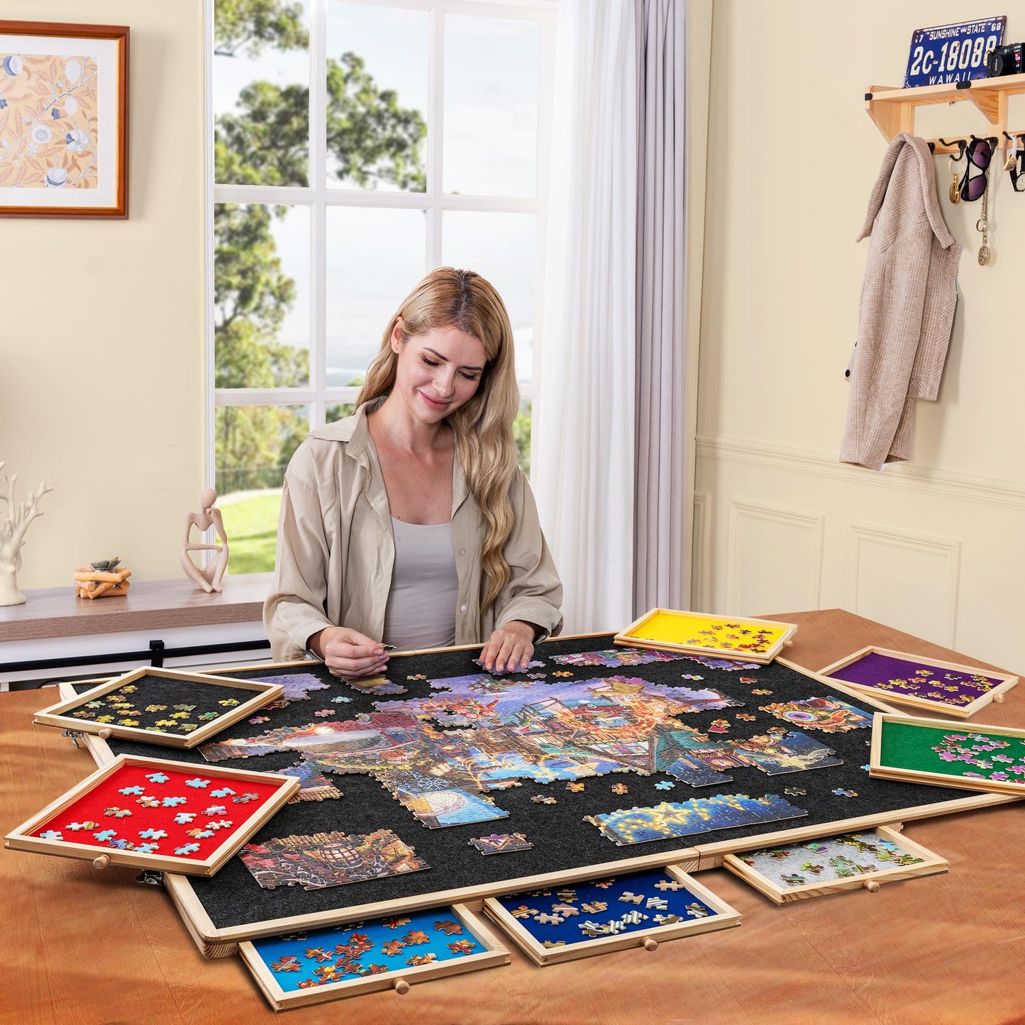 Tektalk folding puzzle board for up to 2000 puzzle pieces, with 8 sorting trays/drawers, puzzle table with lid, suitable for 2000, 1500, 1000, 500 puzzle pieces.