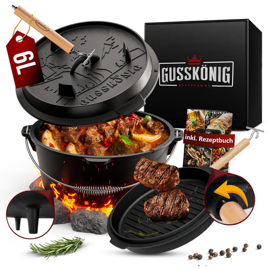 GUSSKÖNIG Dutch Oven Set - Seasoned 6 Liter Dutch Oven - Cast Iron Fire Pot with Feet - Dual Function Dutch Oven - including 2in1 Lid Lifter, Dutch Oven Recipe Book [for 2-4 people]