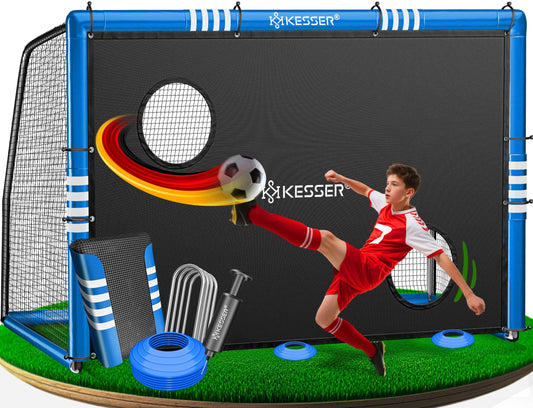 KESSER® Soccer Goal - High-quality soccer goal 240cm with target wall, shooting training UV-resistant net, steel frame with padding, ground stakes, air pump, cones, assembly accessories for kids and adults.