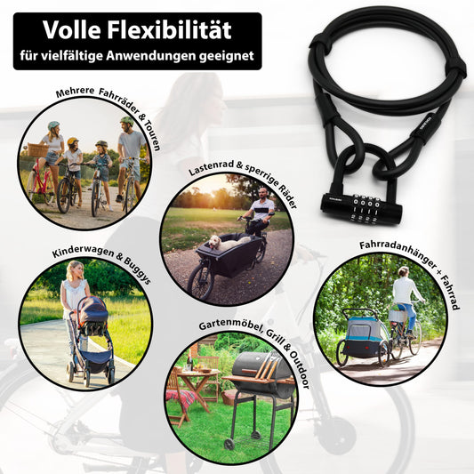 KOHLBURG Cable Lock 2 meters long with number combination - 200cm combination lock - steel cable lock with Velcro fasteners - steel cable, with number code for bike, garden furniture & bike lock