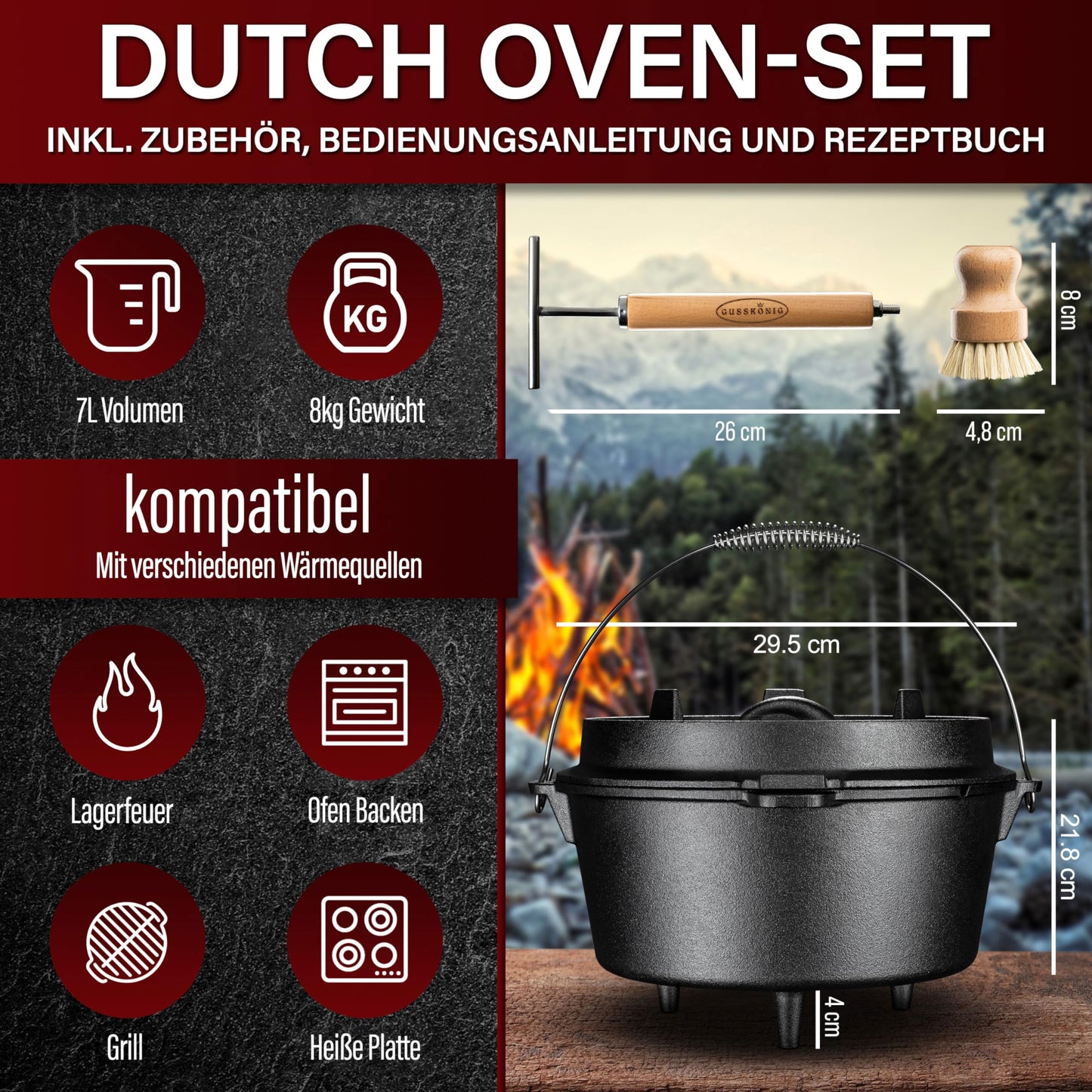 GUSSKÖNIG Dutch Oven Set - Seasoned Dutch Oven 7 Liter - Cast Iron Campfire Pot with Legs - Dual Function Dutch Oven Casserole - includes 2in1 Lid Lifter, Brush & Dutch Oven Recipe Book [for 3-6 People]