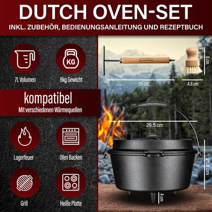 GUSSKÖNIG Dutch Oven Set - Seasoned Dutch Oven 7 Liter - Cast Iron Campfire Pot with Legs - Dual Function Dutch Oven Casserole - includes 2in1 Lid Lifter, Brush & Dutch Oven Recipe Book [for 3-6 People]