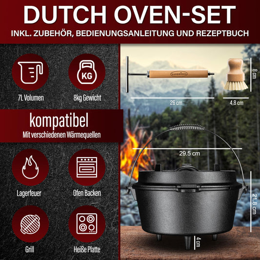 GUSSKÖNIG Dutch Oven Set - Seasoned Dutch Oven 7 Liter - Cast Iron Campfire Pot with Legs - Dual Function Dutch Oven Casserole - includes 2in1 Lid Lifter, Brush & Dutch Oven Recipe Book [for 3-6 People]