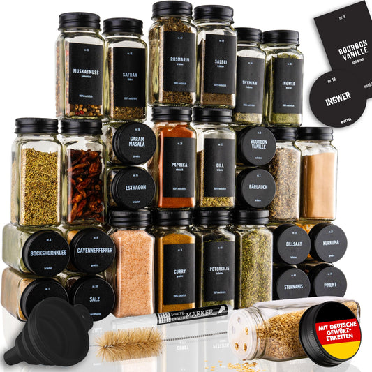 Deco house® Square Spice Jars with Spice Labels, 36-piece set with Shaker Inserts - Spice Jars Set Spice Containers Spice Storage - Spice Jars Spice Shakers Glass