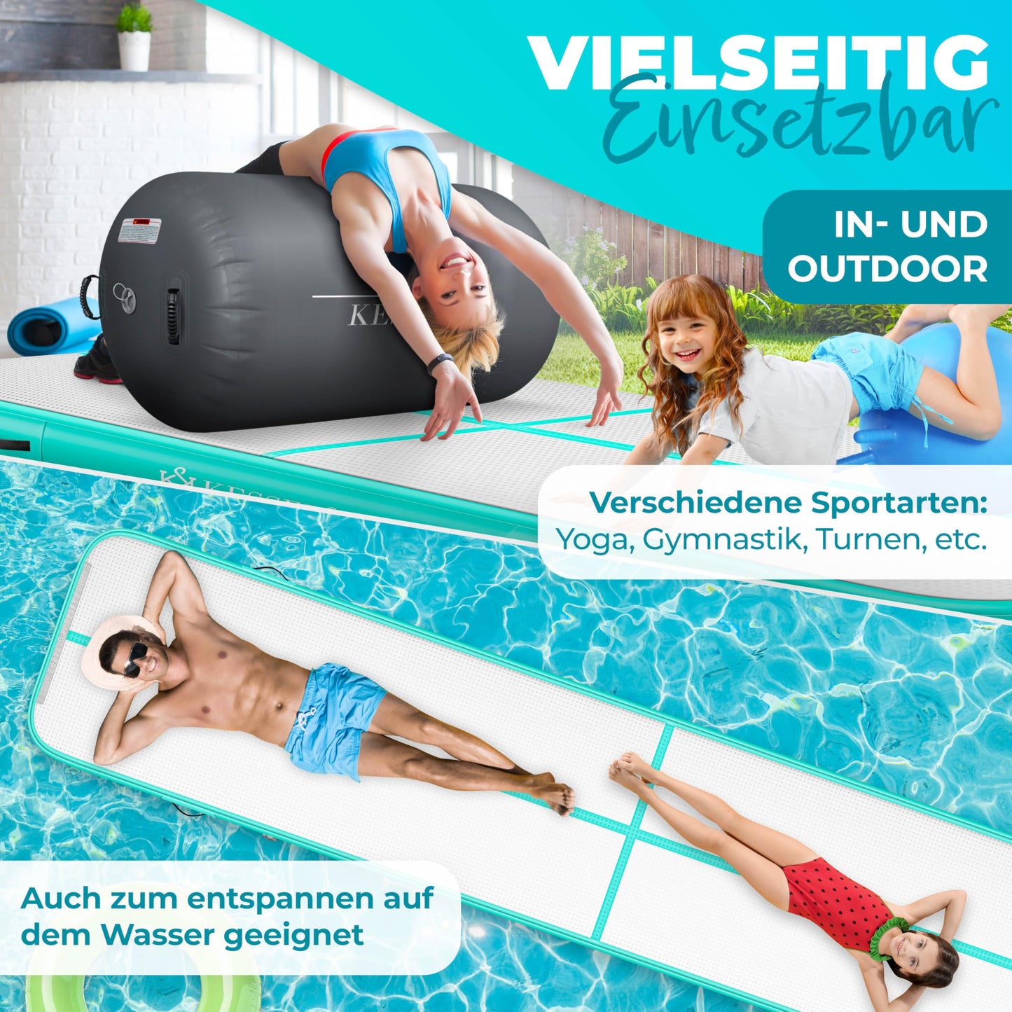 KESSER® Inflatable Airtrack Fitness Mat Gymnastics Mat | incl. carrying bag & electric air pump | Yoga Mat, Tumbling Mats, Training Mat (Mint Green, 400 x 100 x 10 cm)