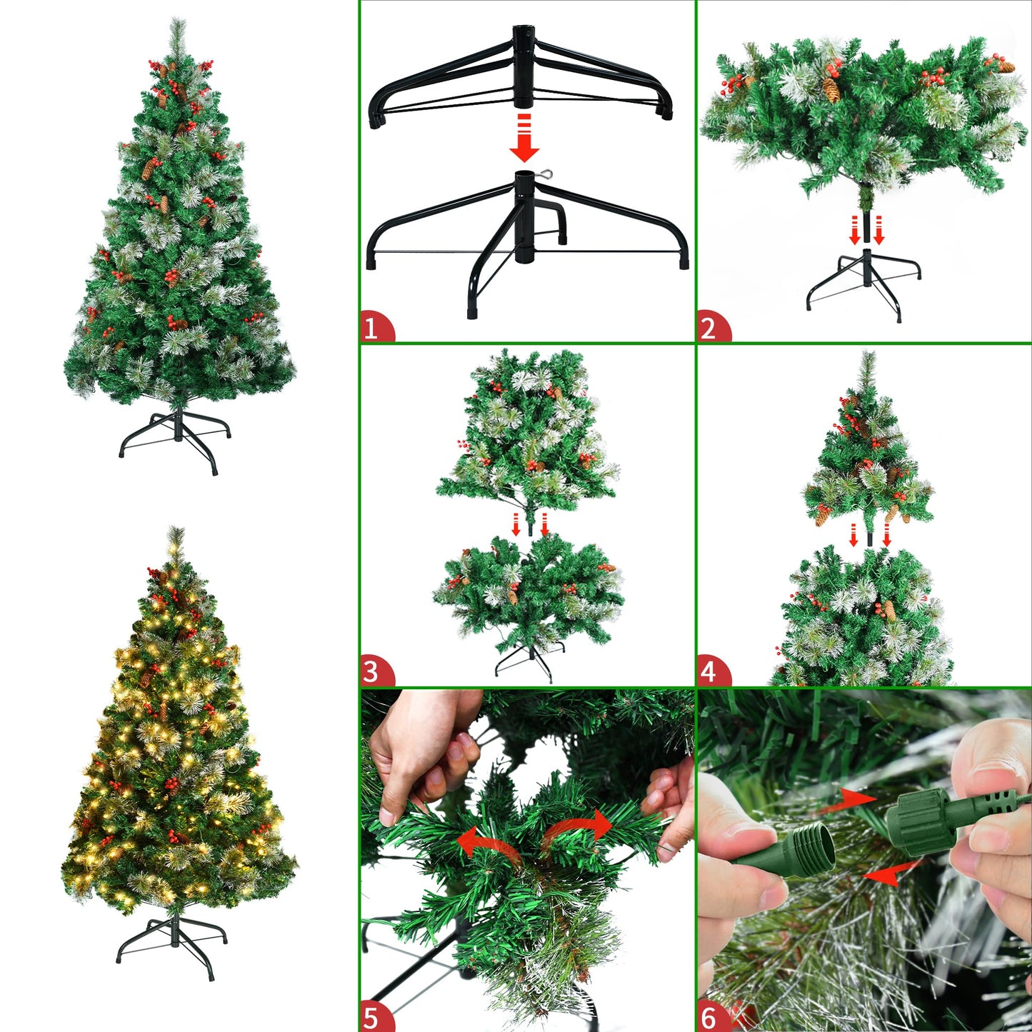FIVMEN Artificial Christmas Tree with Lights 120 cm PVC Faux Christmas Tree with 180 LEDs and Stand Fake Christmas Trees Christmas Decorations, with Pine Cones and Berries