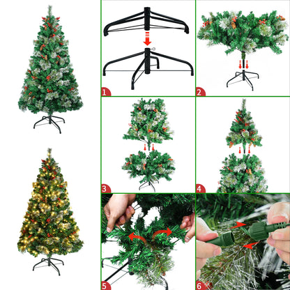 FIVMEN Artificial Christmas Tree with Lights 120 cm PVC Faux Christmas Tree with 180 LEDs and Stand Fake Christmas Trees Christmas Decorations, with Pine Cones and Berries