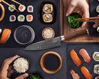 Zayiko Kurumi Premium Santoku knife with 17.5 cm blade made of 67 layers genuine Damascus steel with walnut handle I wooden box I Damascus knife kitchen knife and professional chef knife