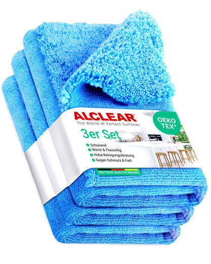 ALCLEAR 820203K_3 microfiber cloths 3-pack 40x40 cm - for high gloss kitchen, furniture fronts, varnish, plastic, glass, lint-free, streak-free, ultrasonically cut, can be used damp, washable 60° C