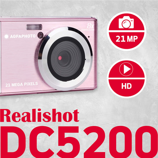 AGFA Photo Realishot DC5200 - Compact digital camera, 21MP, 2.4" LCD screen, 8X digital zoom, HD 720p video, lithium battery, SD cards, scene modes - Pink