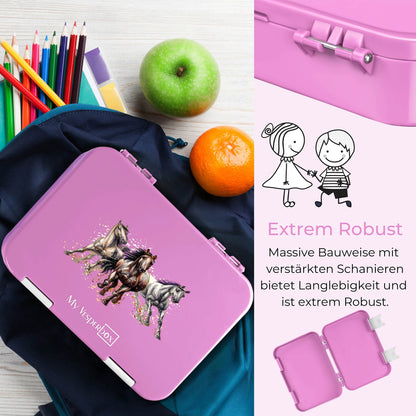 My Vesperbox - Len - Bento Box Children - Lunchbox with 4+2 compartments - extremely durable - lunch box - ideal for kindergarten and school. (Pink - Horses)
