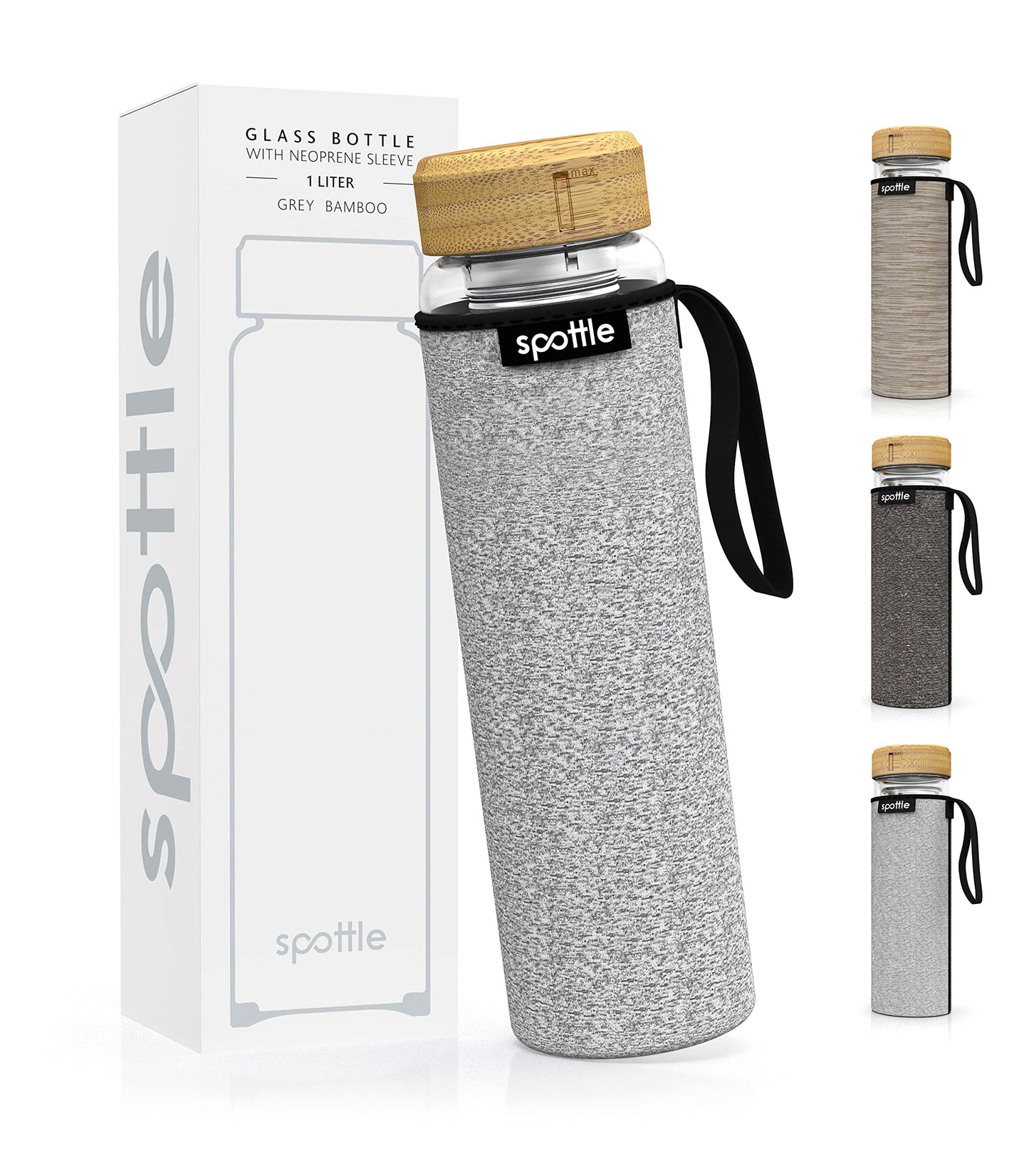 Spottle tea bottle glass 1 liter with infuser - tea kettle to go - glass bottle with tea infuser and protective cover for loose tea & infused water, BPA-free, leak-proof, dishwasher safe.