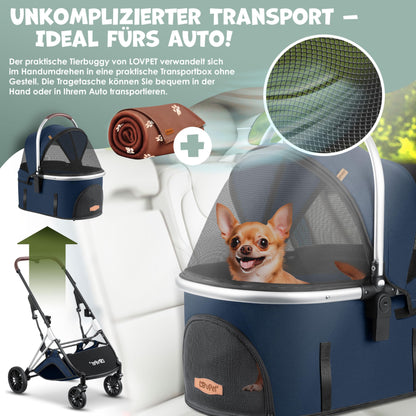 LOVPET® 3in1 dog stroller for dogs up to 20kg. Can be used as a dog carrier bag, foldable and collapsible. Features large wheels, mesh windows, rain cover, cup holder, and cozy blanket. Also suitable for cats, jogging, and outdoor activities.