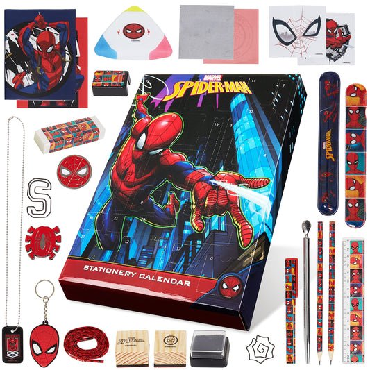 Marvel Spiderman Advent calendar 2025 for kids and teenagers with school supplies, pencils, keychains, stamps, and toys. Great gift idea! (Spiderman Multicolor)