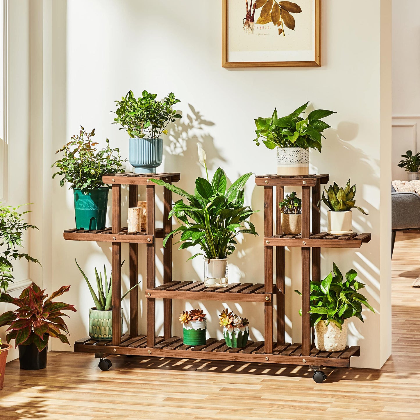 Yaheetech Plant Stand with Wheels, 4-Tier Plant Shelf for Balcony, Flower Stand, Flower Steps, Solid Wood, for Indoor & Outdoor, 124 x 33 x 80 cm.