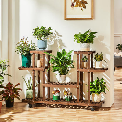 Yaheetech Plant Stand with Wheels, 4-Tier Plant Shelf for Balcony, Flower Stand, Flower Steps, Solid Wood, for Indoor & Outdoor, 124 x 33 x 80 cm.