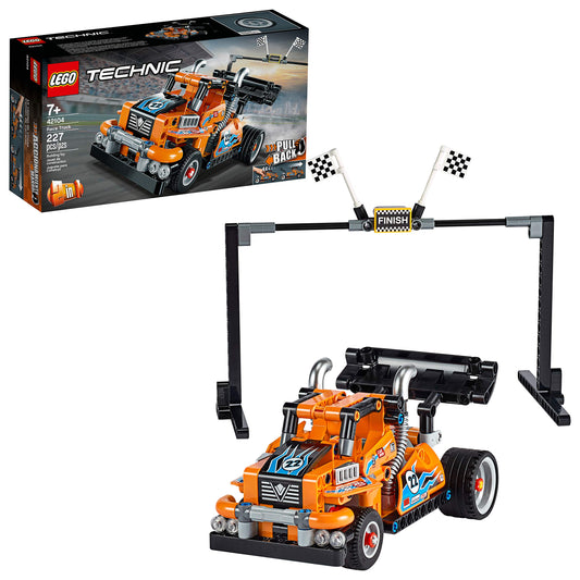 LEGO 42104 Technic Race Truck or Race Car, 2-in-1 model with pull-back motor, collection of racing vehicles.