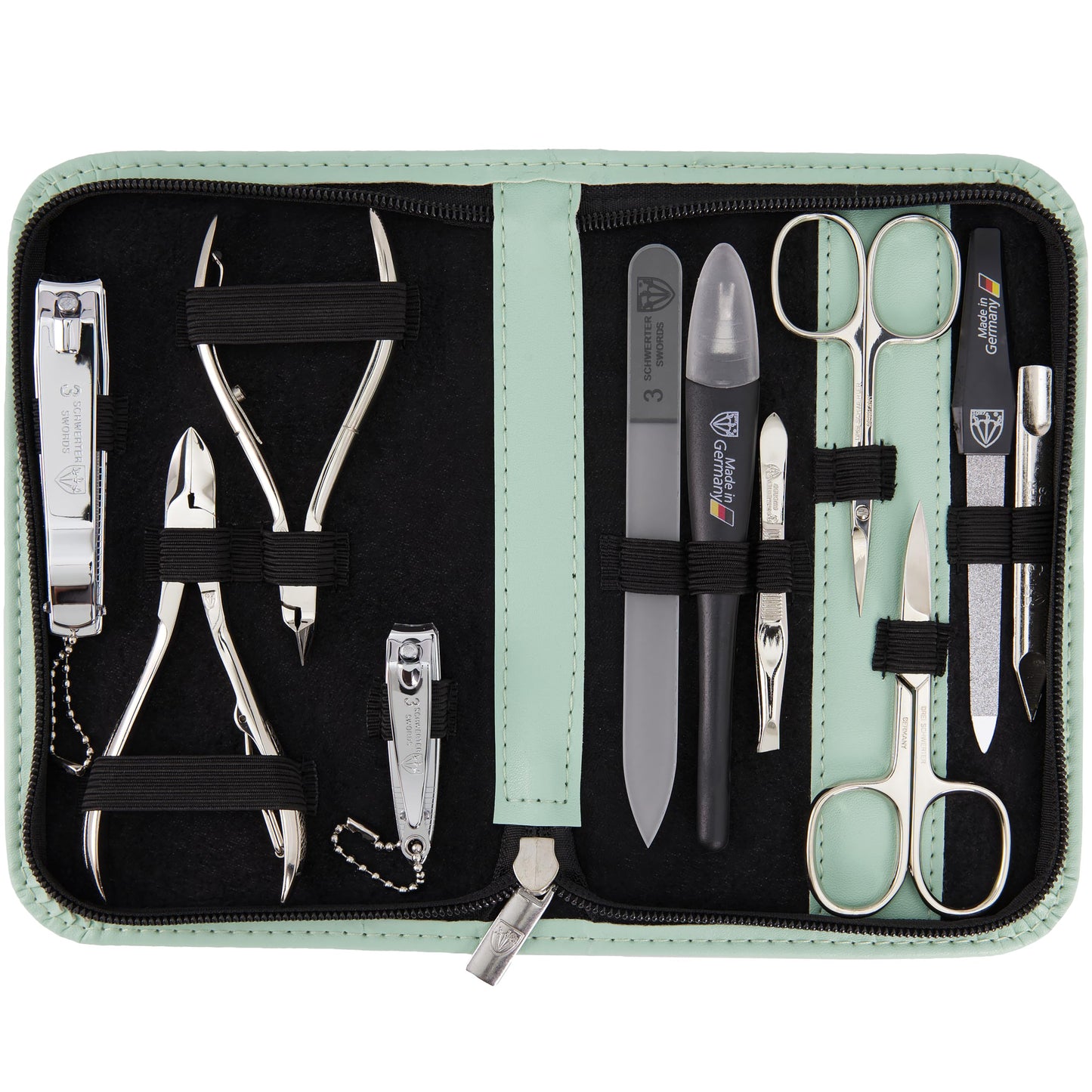 THREE SWORDS - Germany 10-piece Manicure Set 'Spezia' | Nail case in faux leather mint | Contents: Nail scissors, Cuticle scissors, Nail clippers, Tweezers, Glass nail file, and more