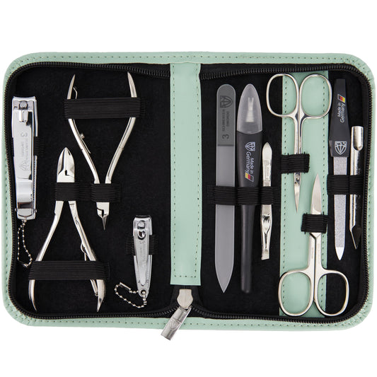 THREE SWORDS - Germany 10-piece Manicure Set 'Spezia' | Nail case in faux leather mint | Contents: Nail scissors, Cuticle scissors, Nail clippers, Tweezers, Glass nail file, and more