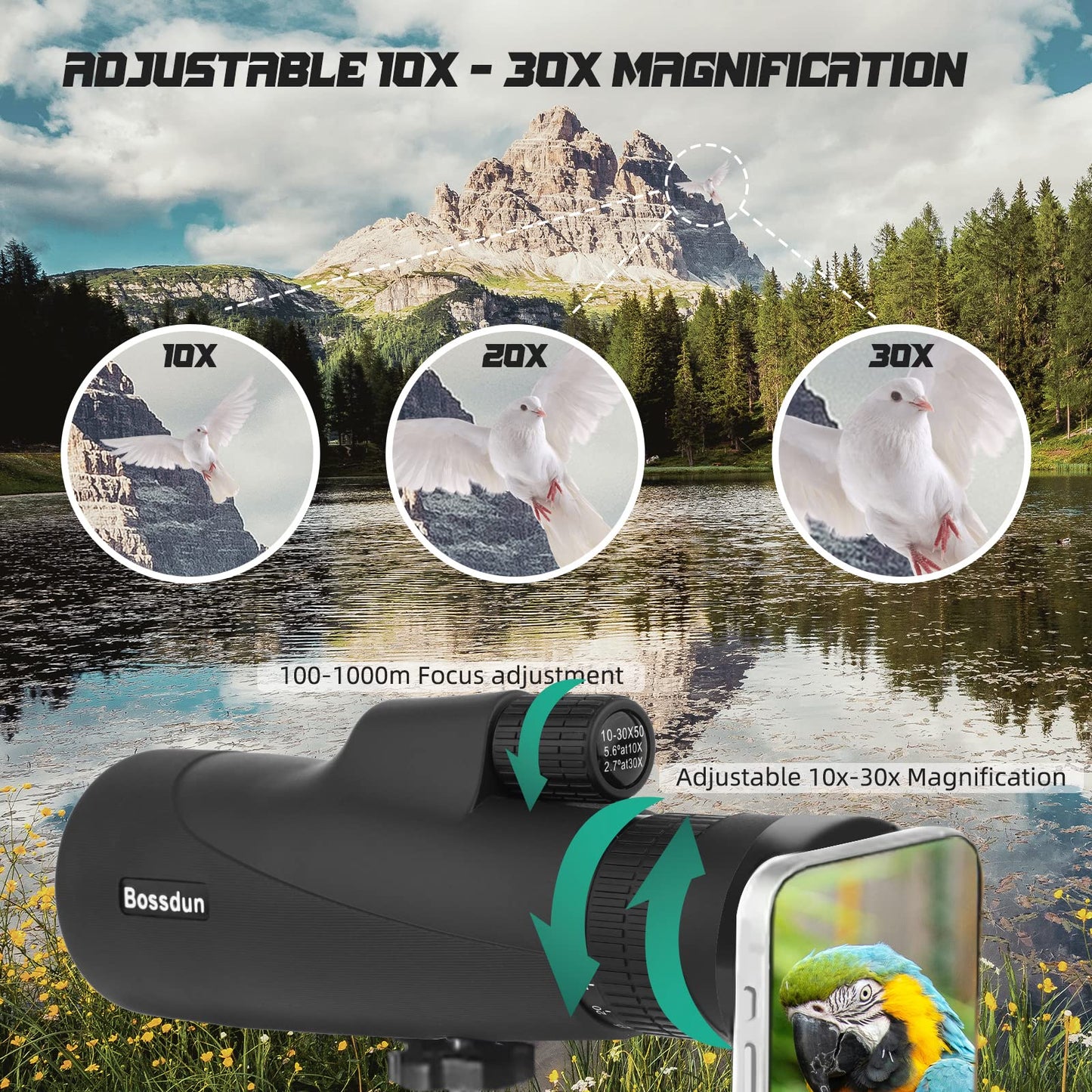 Monocular Telescope, 10-30X50 Zoom HD Monocular with IPX7 Waterproof Fogproof Shockproof, FMC BAK4 Prism Monocular Telescope High Power with Hand Strap Phone Adapter for Bird Watching Hunting Camping