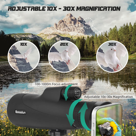 Monocular Telescope, 10-30X50 Zoom HD Monocular with IPX7 Waterproof Fogproof Shockproof, FMC BAK4 Prism Monocular Telescope High Power with Hand Strap Phone Adapter for Bird Watching Hunting Camping