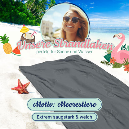 ZOLLNER beach towel - skin-friendly and absorbent in 100x200 cm - washable up to 60°C - cotton in grey - woven-in sea creature motifs - Oeko Tex® Certified