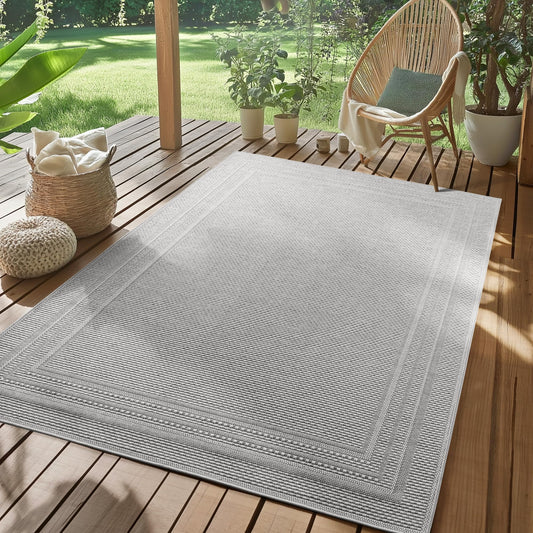 SIMPEX Outdoor Rug Weatherproof Grey 200x290 cm, UV-resistant, perfect for kitchen, balcony, terrace, garden, living room, dining room, Solid design with border, Easy to care for