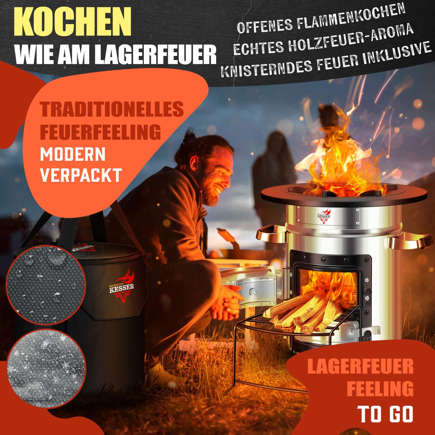 KESSER® Rocket stove incl. cast iron grill pan, griddle, grill tongs & carrying bag | Dutch Oven BBQ Rocket wood stove camping | Outdoor camping stove camping grill stainless steel silver