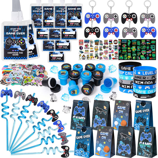 Video game party favors for kids' birthdays: straws, silicone bracelets, gift bags, stamps, gamer controller keychains, VIP pass stickers. Great giveaways for children!