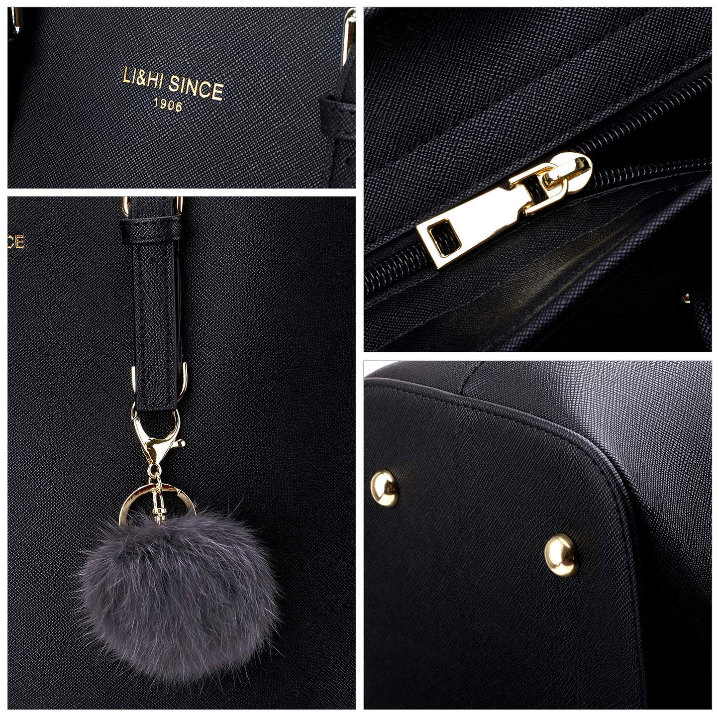 LI&HI Women's Handbag Elegant Shopper for School Black with Pom Pom 34 x 29 x 15.5 cm