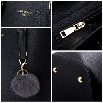 LI&HI Women's Handbag Elegant Shopper for School Black with Pom Pom 34 x 29 x 15.5 cm
