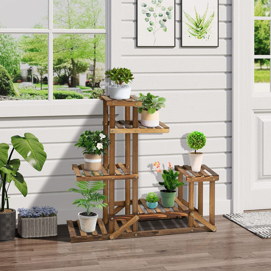 Outsunny Flower Stand Plant Shelf 6 Levels Four-tier Flower Rack Flower Stairs Flower Ladder Solid Wood Charred 98 x 28 x 96.5 cm