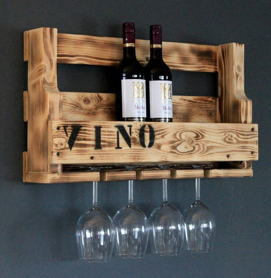 Decorative wooden wine rack for the wall - with glass holder and VINO lettering - Flamed finish - pre-assembled - Shelf for wine bottles and wine glasses