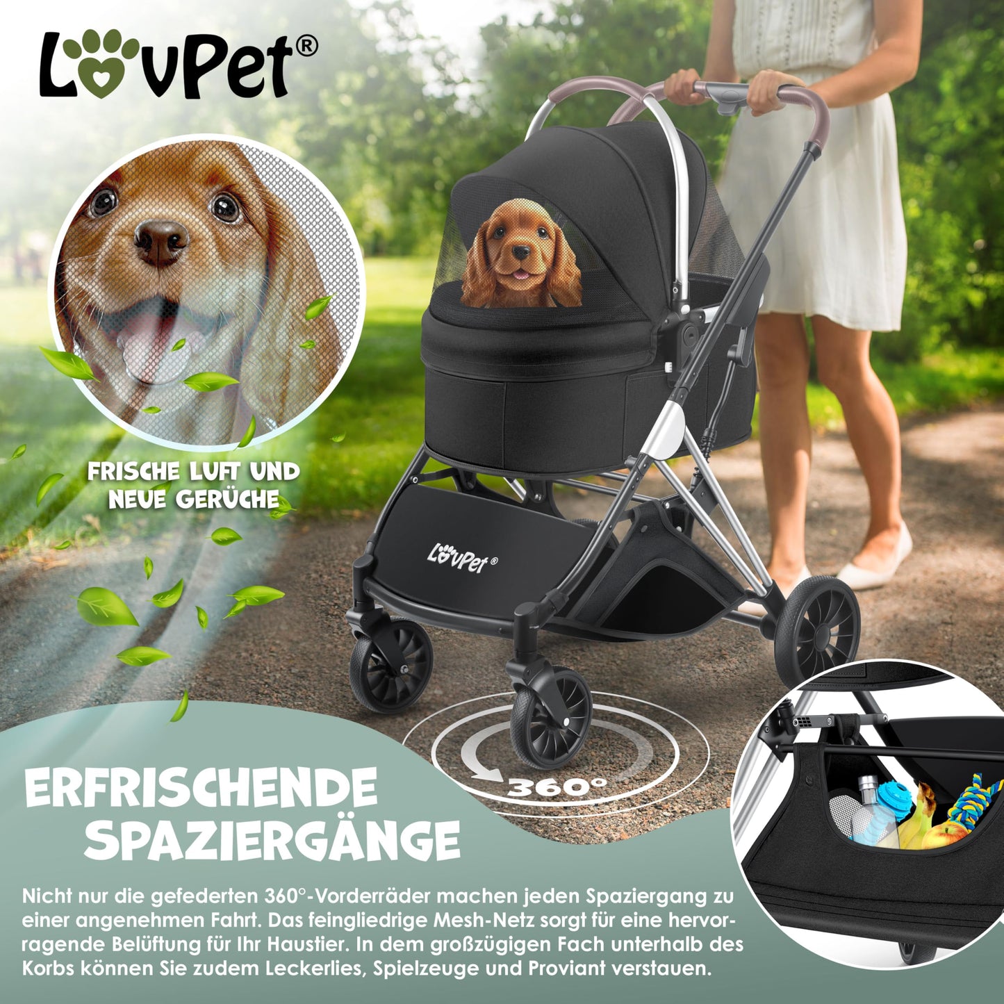 LOVPET® Dog Stroller 3in1 for dogs up to 20kg, dog crate, transport bag, foldable, collapsible, large wheels, mesh windows, rain cover, cup holder, cuddle blanket, cat stroller, jogger buggy for pets.