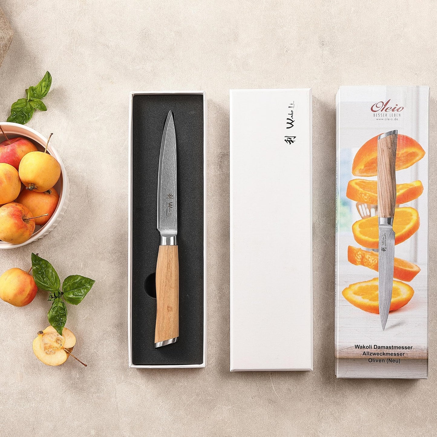Wakoli Olive Damascus Knife Utility Knife | Kitchen knife with 12.5 cm blade of 67 layers of Damascus steel with VG10 core | Olive wood handle | for vegetables, meat & fruit | Vegetable knife in gift box