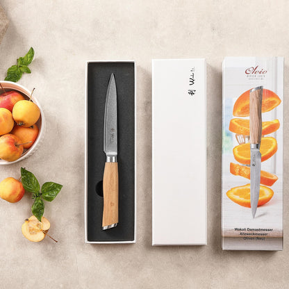 Wakoli Olive Damascus Knife Utility Knife | Kitchen knife with 12.5 cm blade of 67 layers of Damascus steel with VG10 core | Olive wood handle | for vegetables, meat & fruit | Vegetable knife in gift box