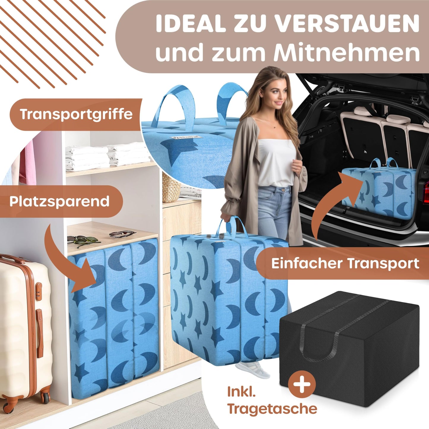 KESSER folding mattress 75 x 200 x 15 cm guest mattress 3-fold foldable as a seat stool foam mattress 25kg/m³ extra thick 15cm breathable washable Removable cover incl. Camping carrying bag