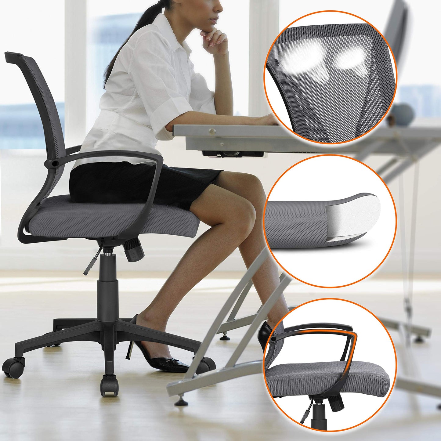 Yaheetech Office Chair Ergonomic, Desk Chair with Mesh Backrest, Task Chair with Armrests, Executive Chair made of Mesh, Adjustable Height Computer Chair 136 kg, Breathable, Tilt Function Dark Gray