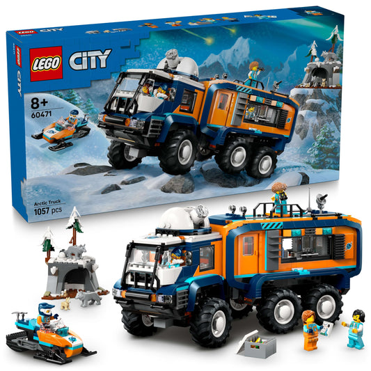 LEGO City Arctic Truck with Lab - build and play set - exploration vehicle with steering and suspension - includes snowmobile, 5 mini-figures, and 3 wolf figures - gift for boys 8 years and older - 60471