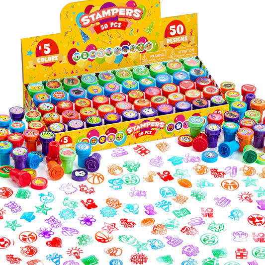JOYIN 50 Pieces Mini Stamps for Kids Ages 2-5 - 5 Colors, 50 Designs Kids Stamps for Party Favors, Stamp Set Small Gifts for Kids, Christmas Halloween Party Favors.