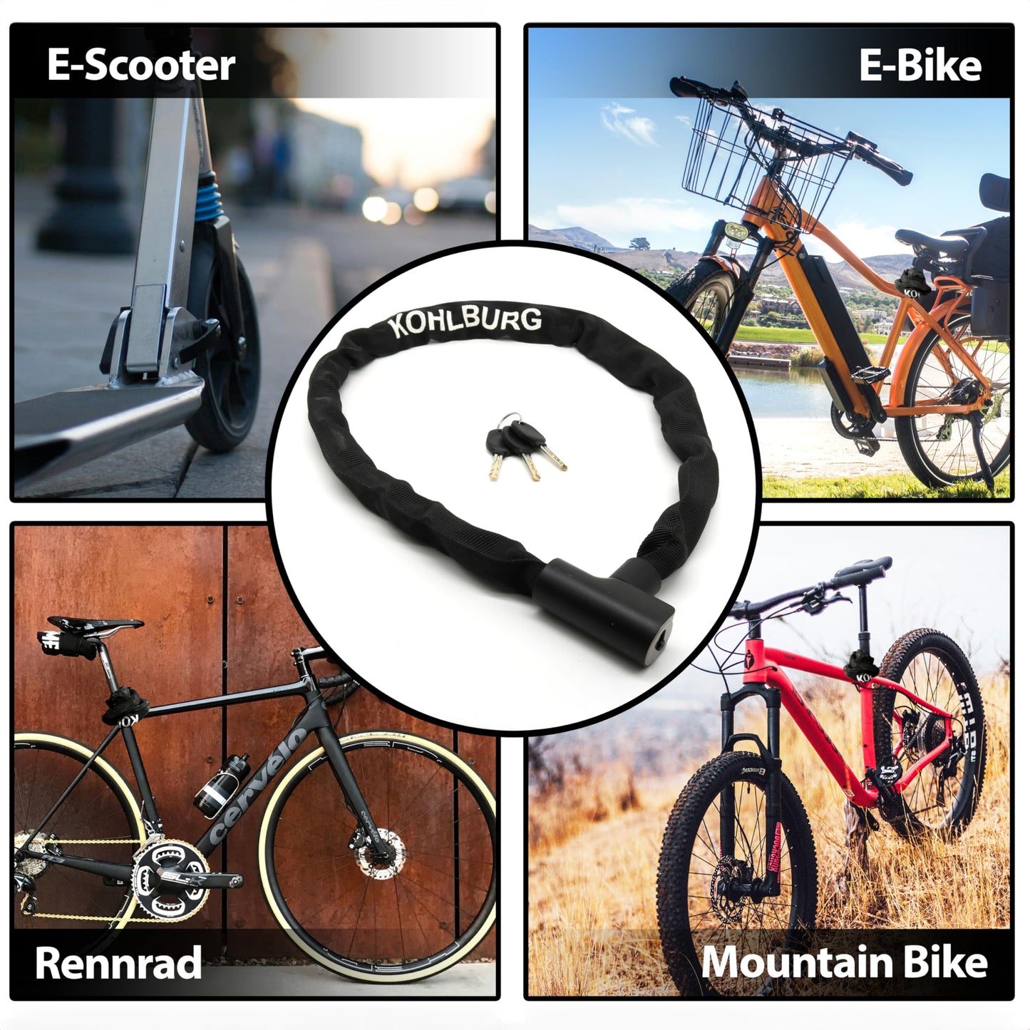 KOHLBURG chain lock bike [103cm long, 6mm thick titanium steel chain] - clickable bike lock with key [3x] also usable as e scooter lock & e bike lock - high security bike lock